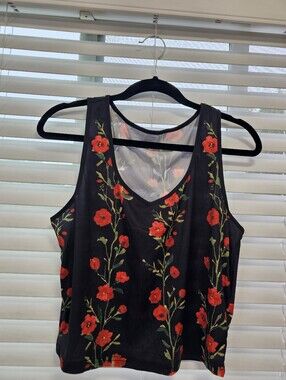 Floral Black Tank Top with Red Flowers